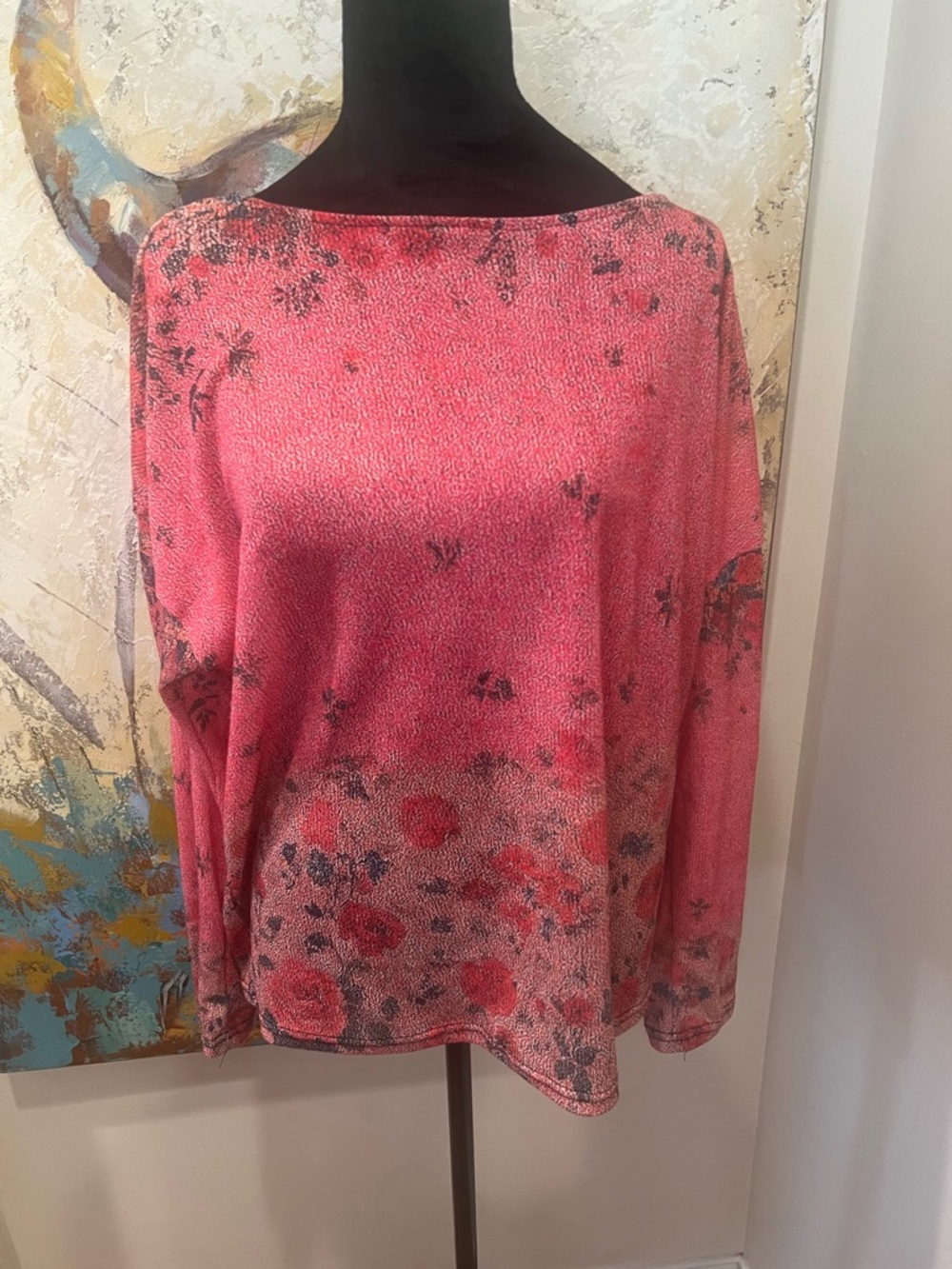 Pink Floral Dolman Sleeve Boho Top Medium Oversized Stretch Batwing Blouse - Picture 2 of 9